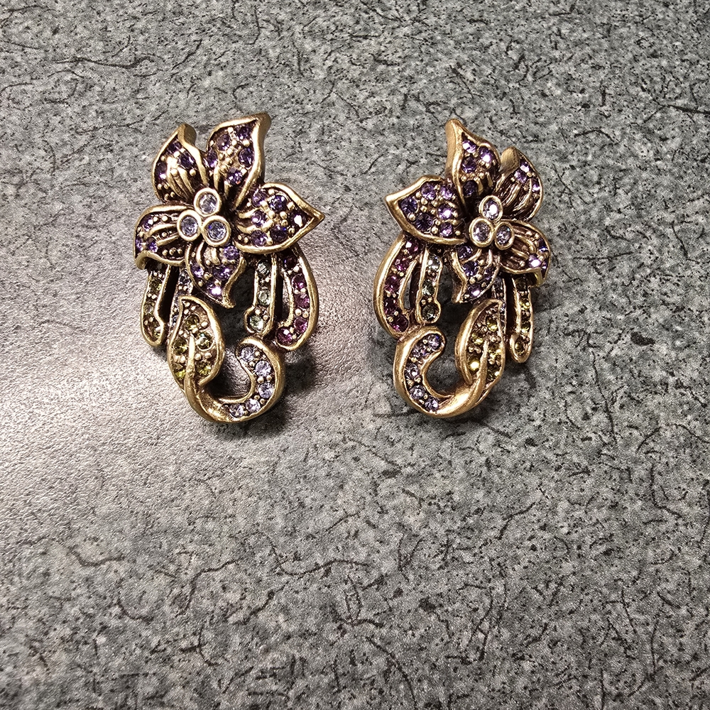 Gold and Purple Floral Statement Earrings
